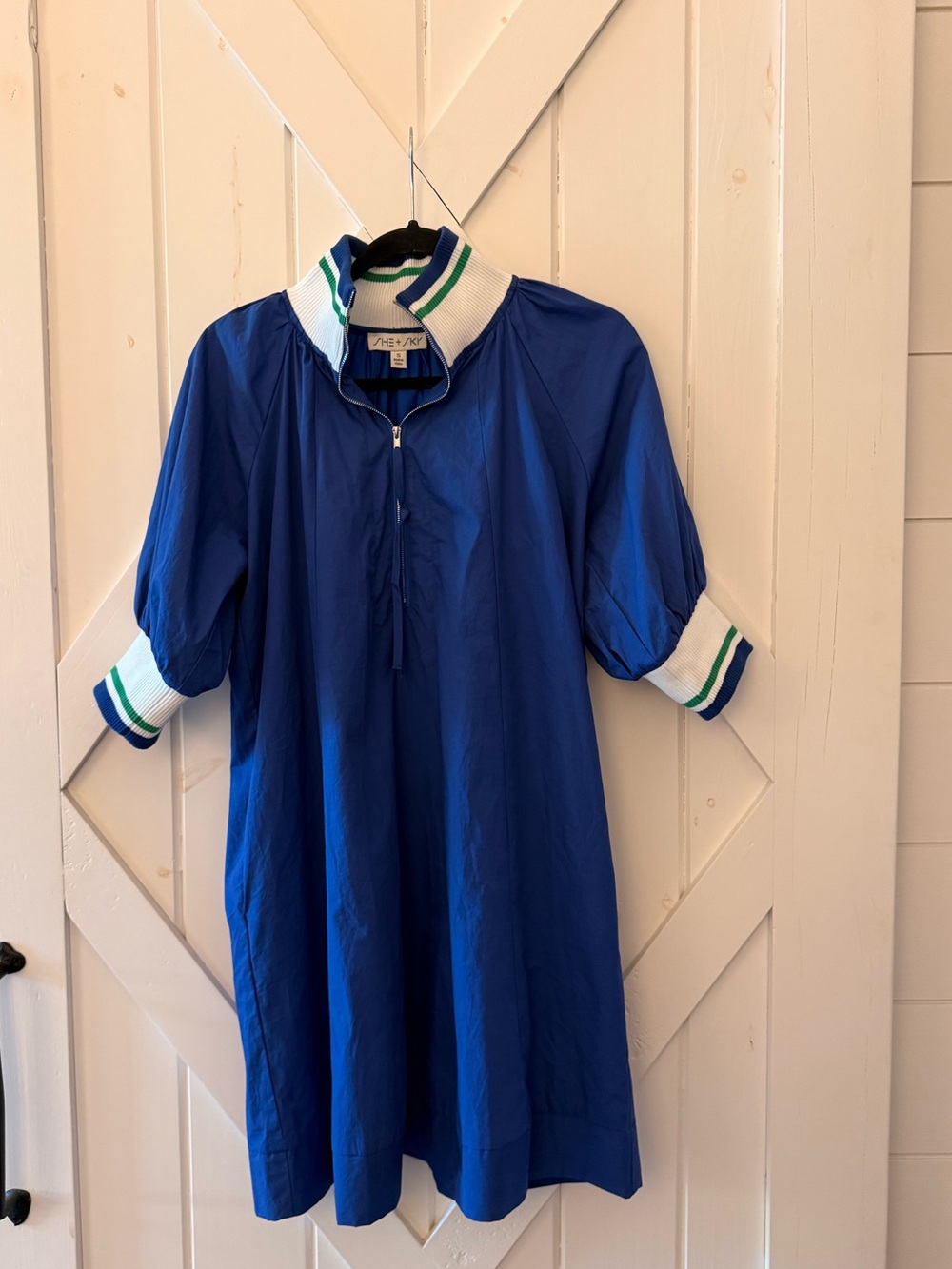 Blue Polo-Style Dress with Stripe Trim